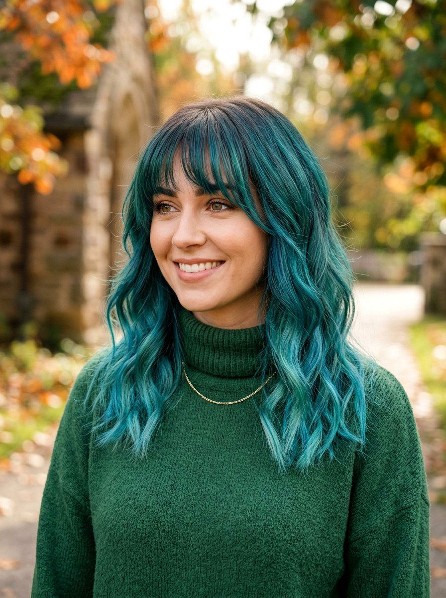 Ocean Teal Balayage With Bangs - 20 ocean teal balayage - 20 ocean teal balayage