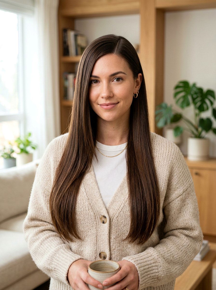 Off Center Parted Long Haircut - 20 flattering haircut for pear face women - 20 flattering haircut for pear face women