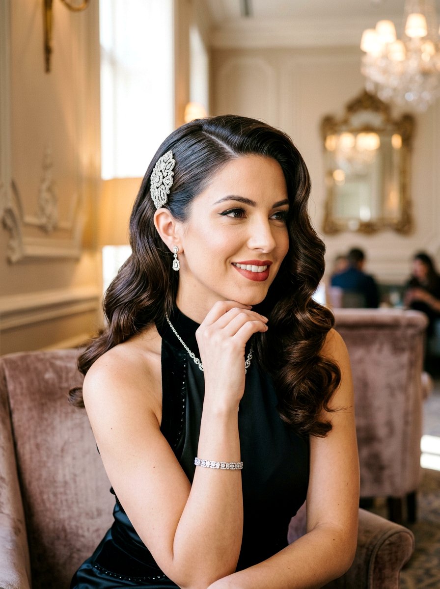 Old Hollywood Side Swept Curls With Hair Accessory - 20 old hollywood side swept curls - 20 old hollywood side swept curls