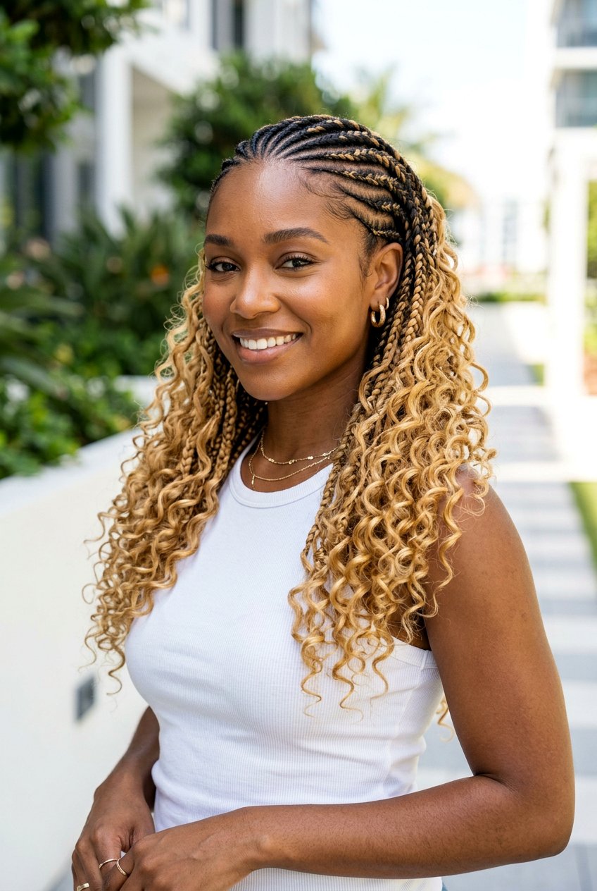 Ombre Cornrows With Blonde Curly Ends - 20 straight back cornrows with curly ends - 20 straight back cornrows with curly ends