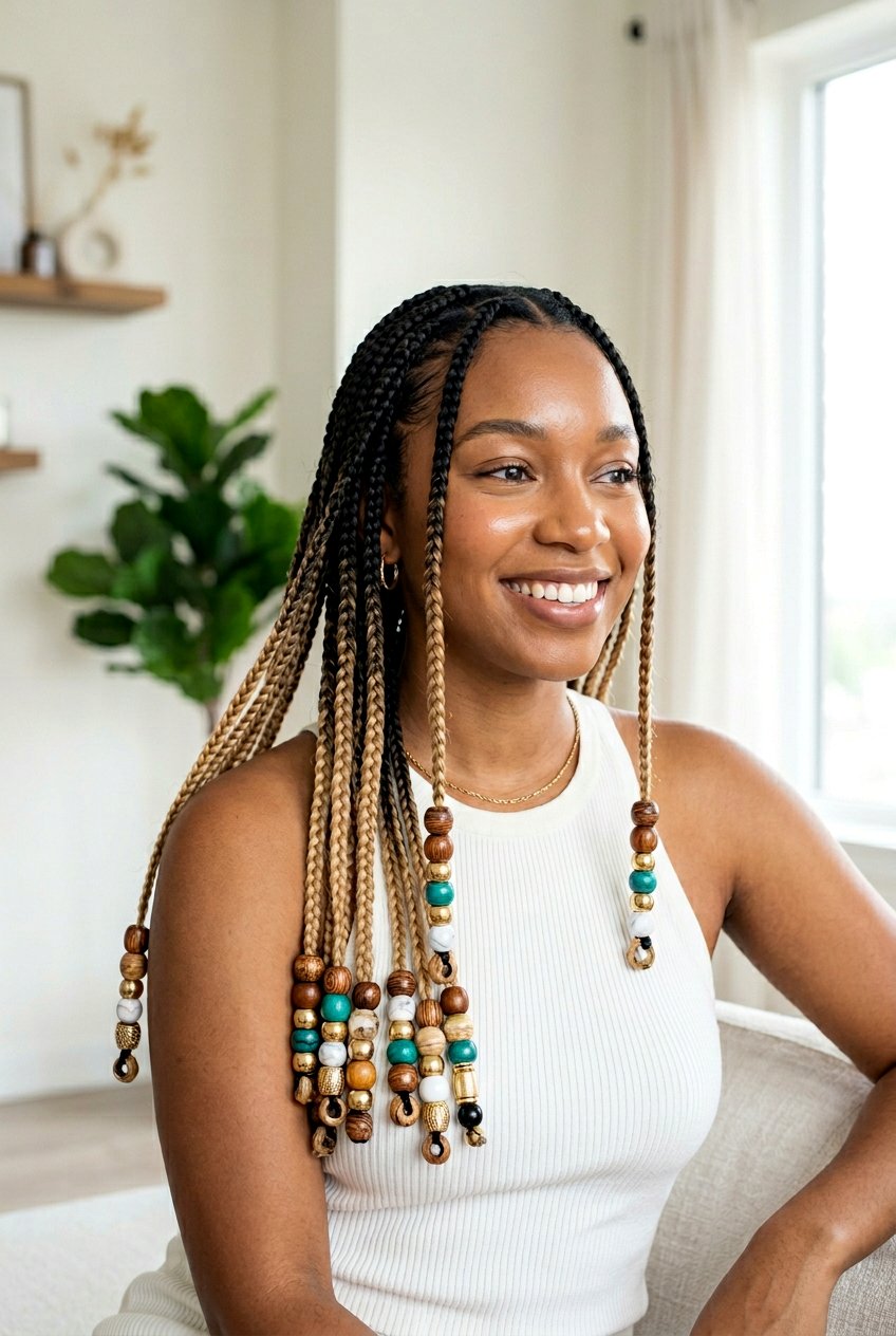 Ombre knotless braids with stacked beads - 20 waist length knotless braids with beads - 20 waist length knotless braids with beads