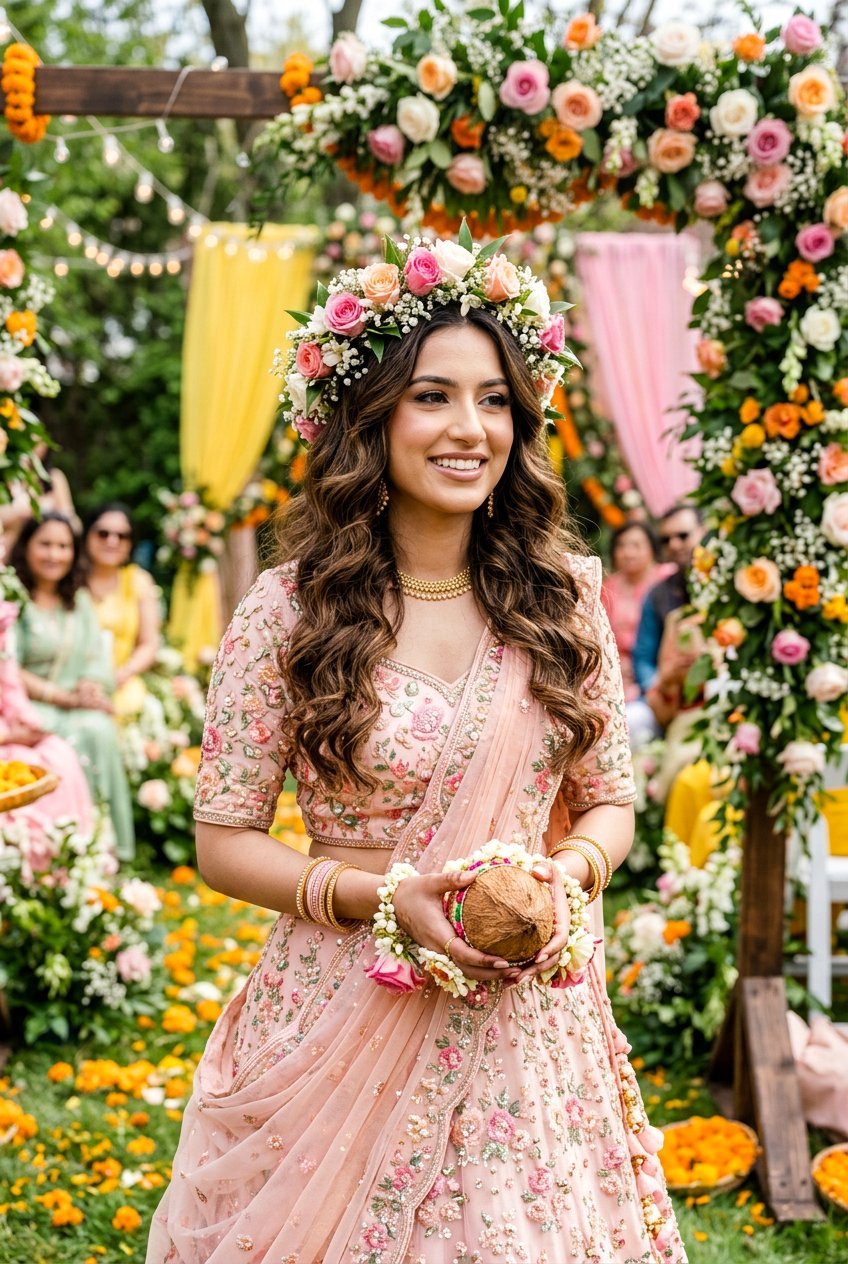 Open Hair With Floral Tiara Mayun Hairstyles For Bride - 20 mayun hairstyles for bride - 20 mayun hairstyles for bride