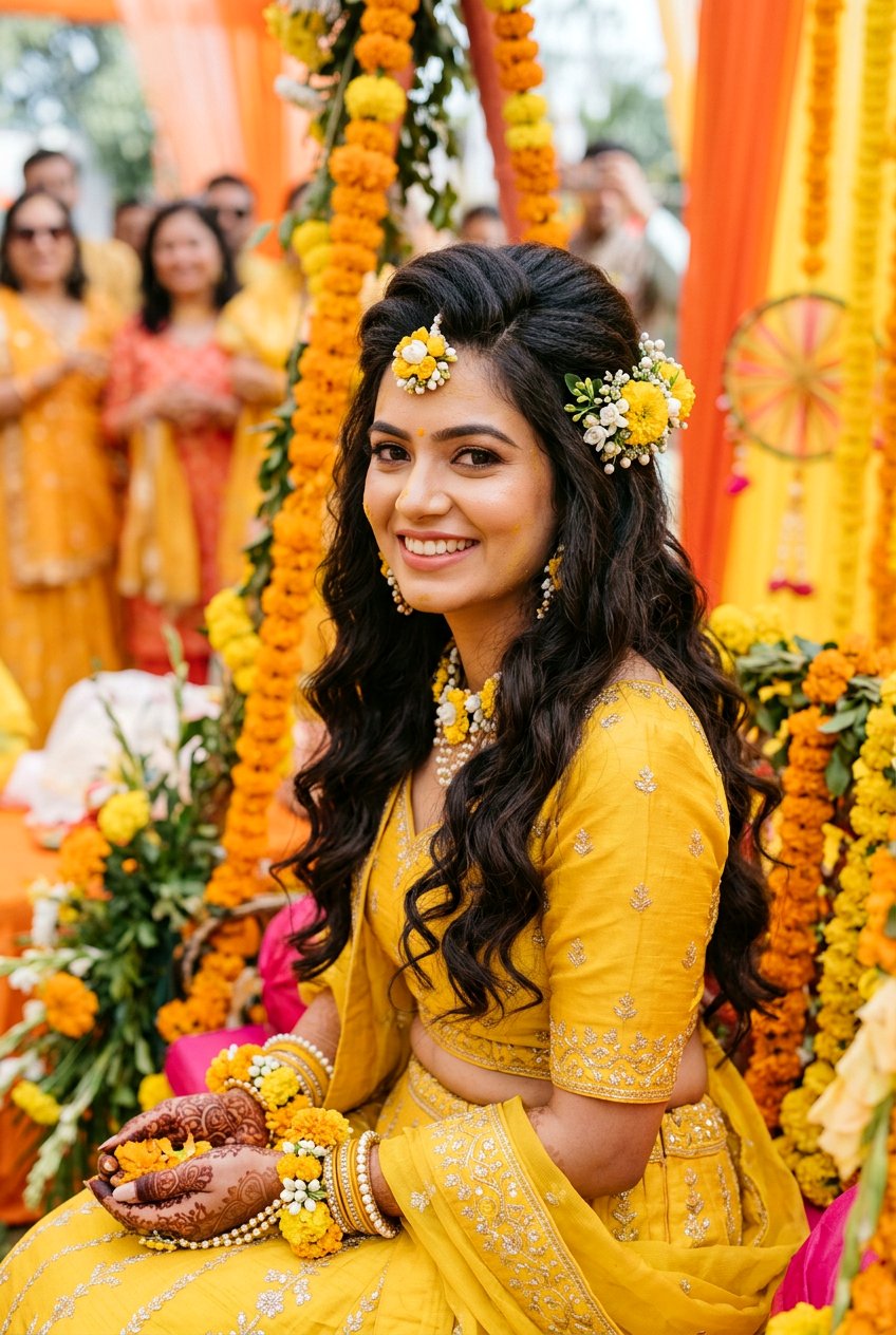 Open Hair With Front Puff Haldi Hairstyle - 20 haldi hairstyles for bride - 20 haldi hairstyles for bride