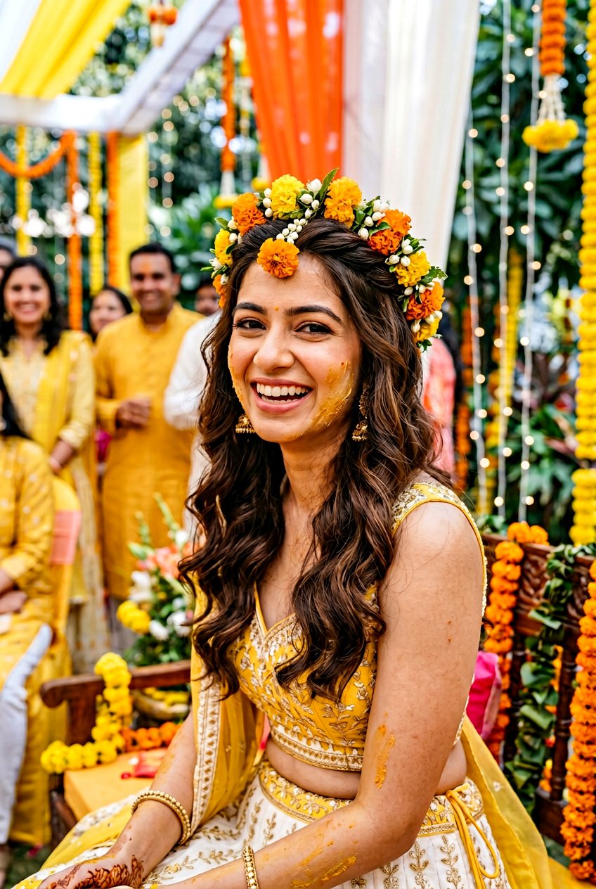 Open Hair With Half Floral Crown Haldi Hairstyle - 20 haldi hairstyles for bride - 20 haldi hairstyles for bride