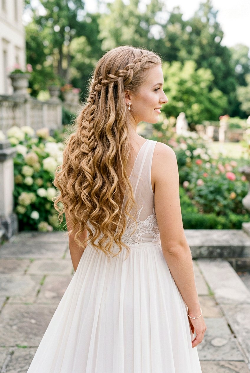 Open Hair With Waterfall Braid - 20 reception hairstyles for bride - 20 reception hairstyles for bride