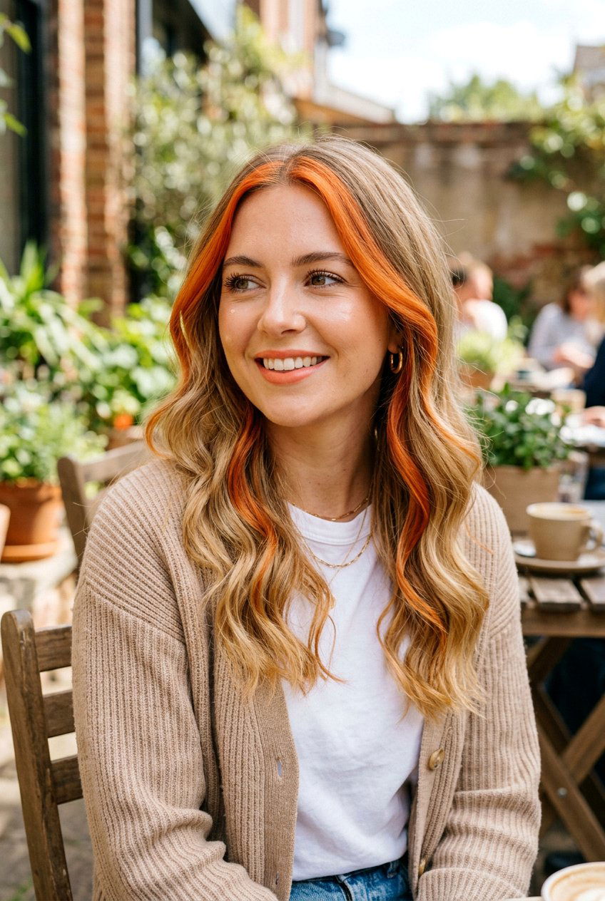 Orange Money Piece on Blonde Hair - 20 bold money piece ideas - 20 bold money piece ideas