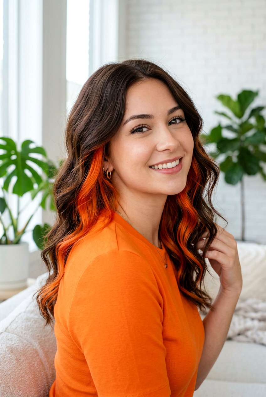 Orange Peekaboo On Dark Brown Hair - 20 bold peekaboo underlayer color - 20 bold peekaboo underlayer color