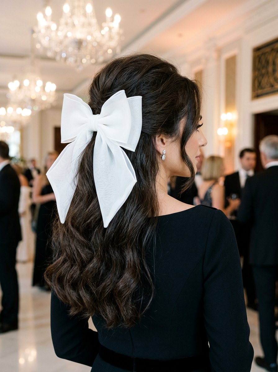 Oversized Bow Half Up Lift - 20 ribbon bow half up hairstyle - 20 ribbon bow half up hairstyle