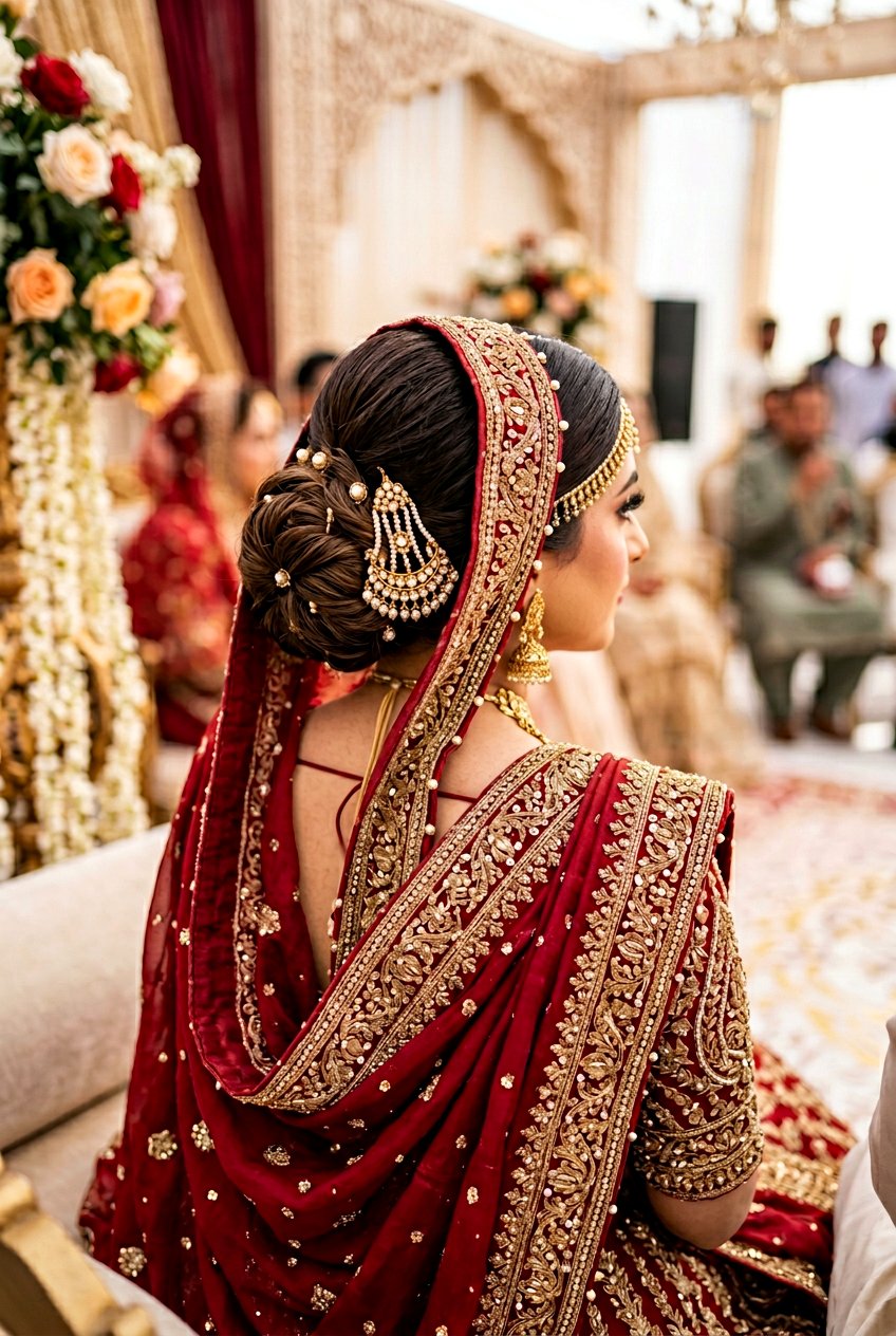 Pakistani Bridal Bun With Dupatta Setting - 20 desi bridal bun hairstyle - 20 desi bridal bun hairstyle