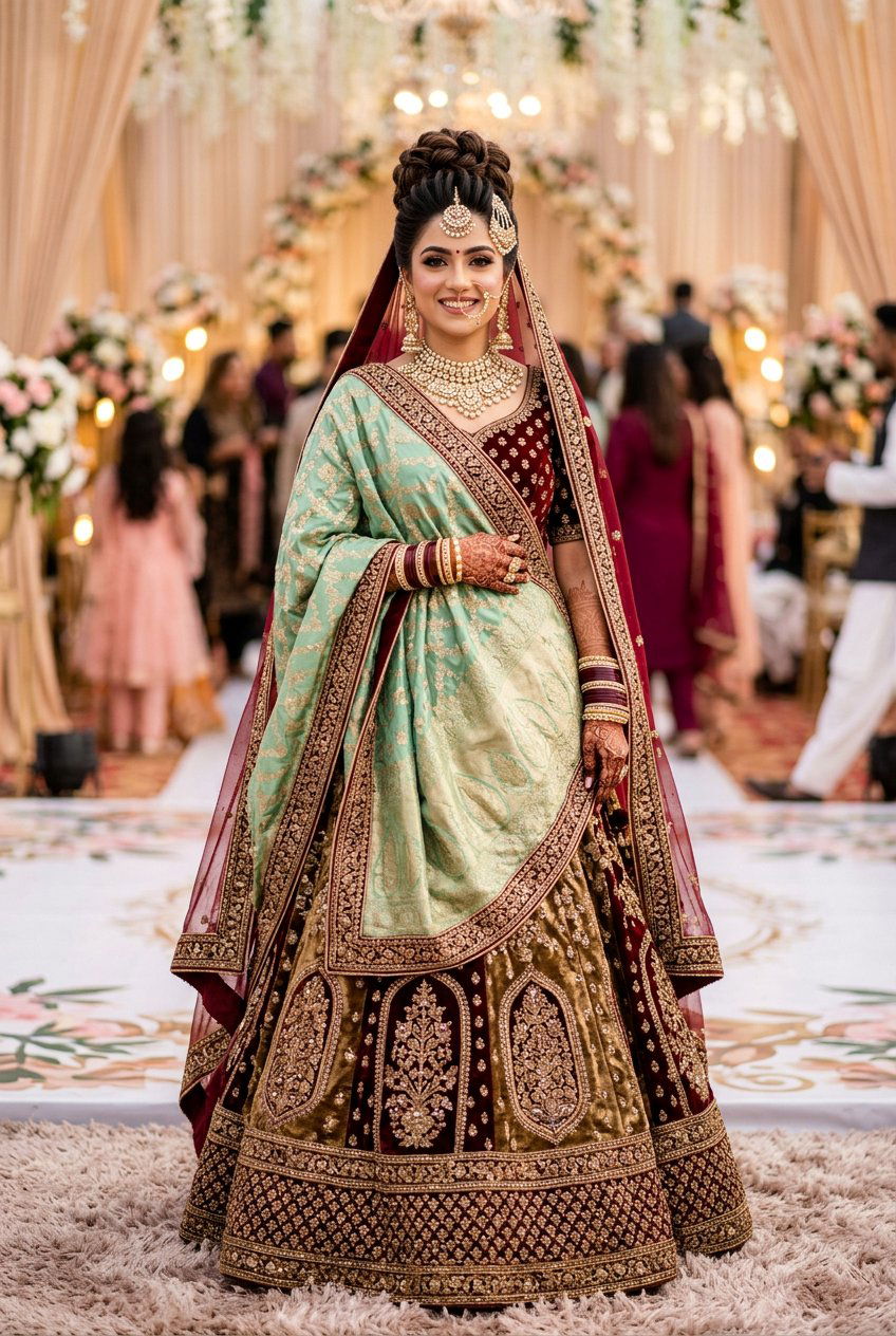 Pakistani Double Dupatta With High Bun - 20 bridal hairstyles with dupatta - 20 bridal hairstyles with dupatta