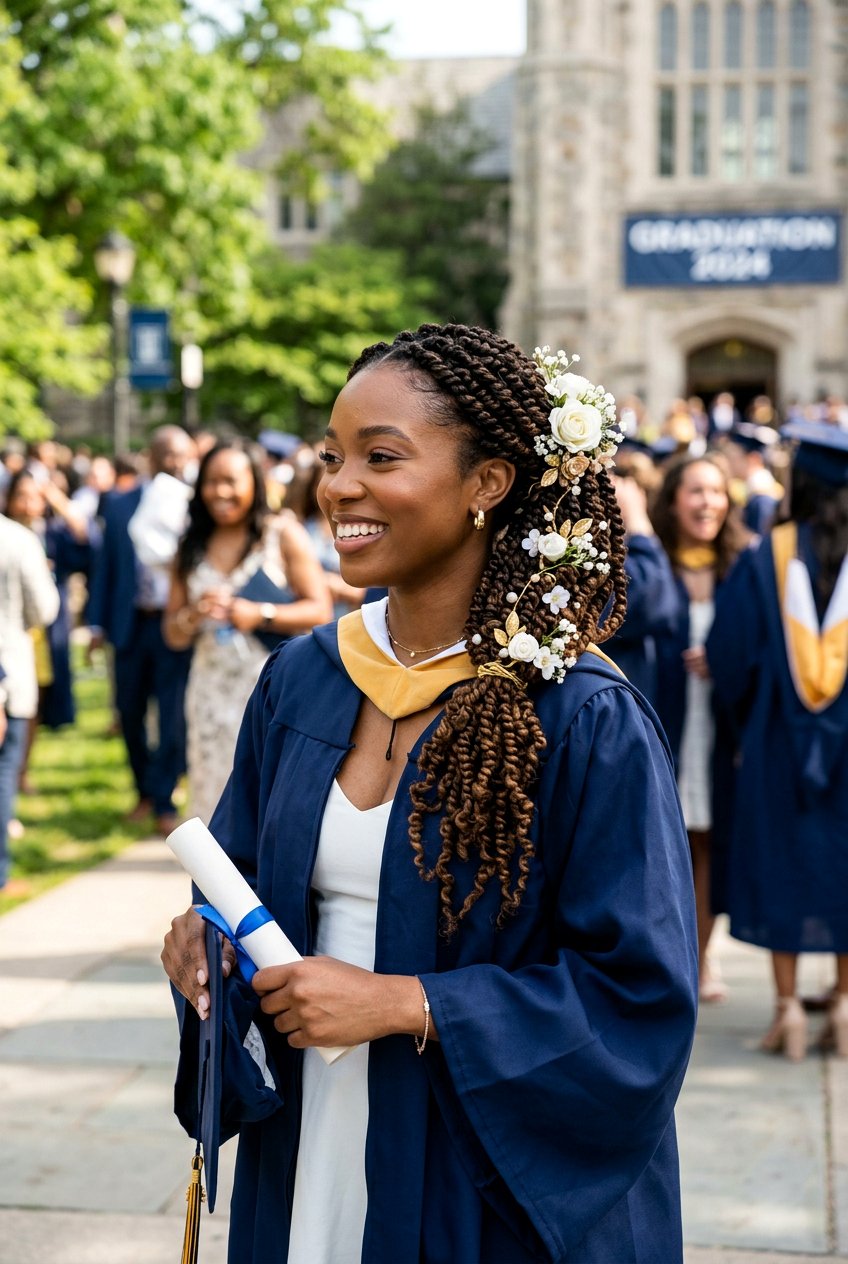 Passion Twist Ponytail with Floral Accessories - 20 graduation braid ponytail for black girls - 20 graduation braid ponytail for black girls