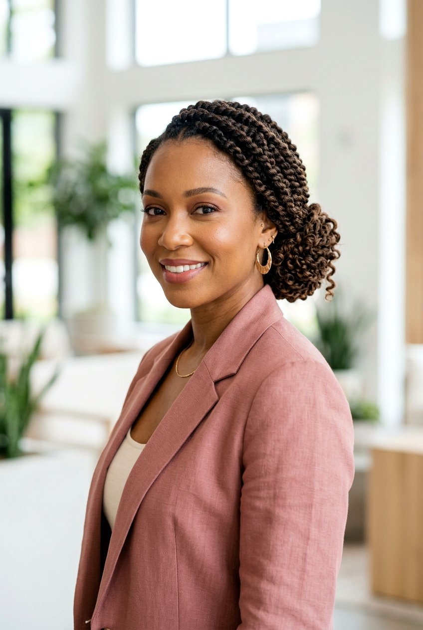 Passion Twists Updo - 20 office friendly braided hairstyles for black women - 20 office friendly braided hairstyles for black women