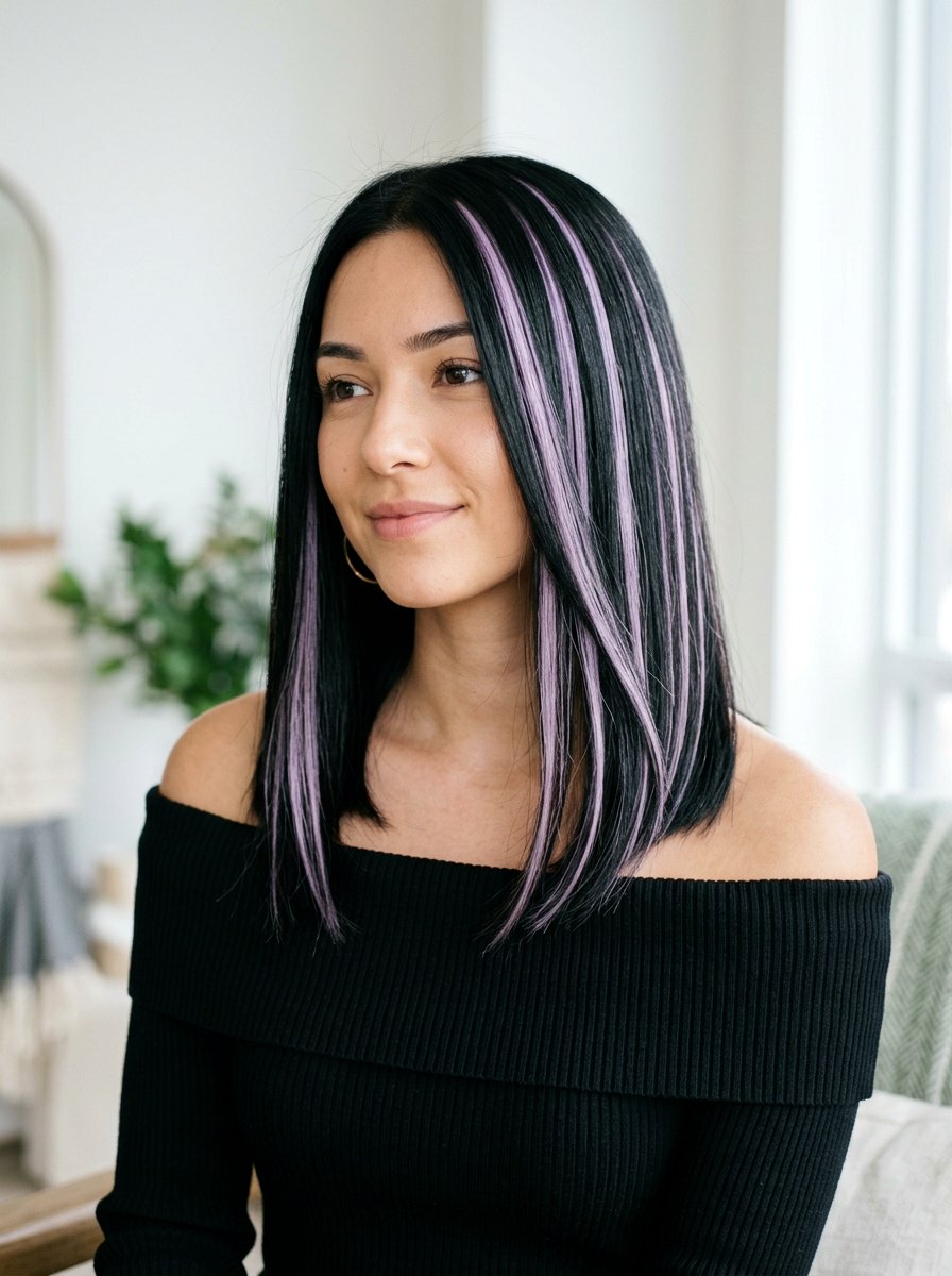 Pastel Lavender Highlights on Black Hair - 20 pastel lavender highlights - 20 pastel lavender highlights