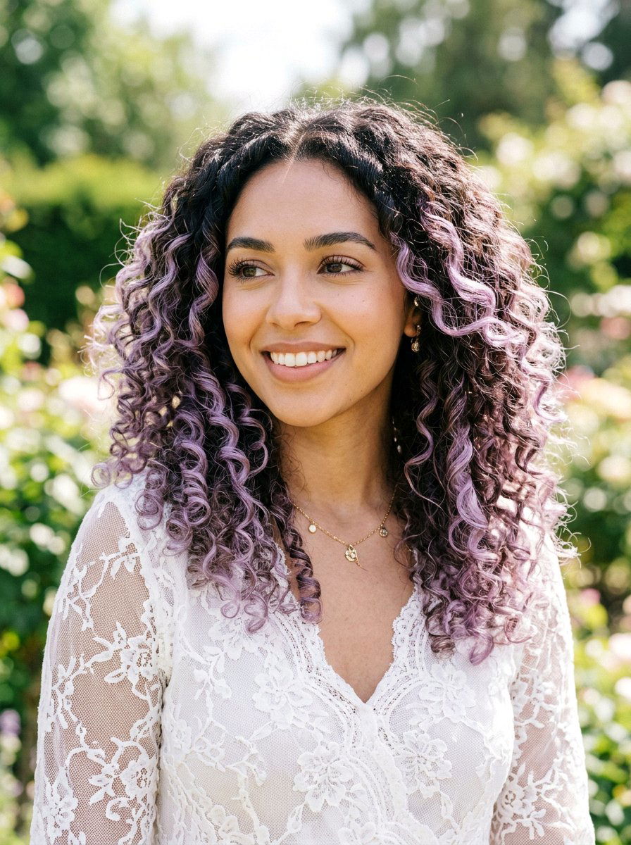 Pastel Lavender Highlights on Curly Hair - 20 pastel lavender highlights - 20 pastel lavender highlights