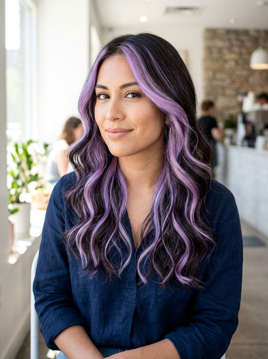 Pastel Lavender Highlights on Dark Hair - 20 pastel lavender highlights - 20 pastel lavender highlights