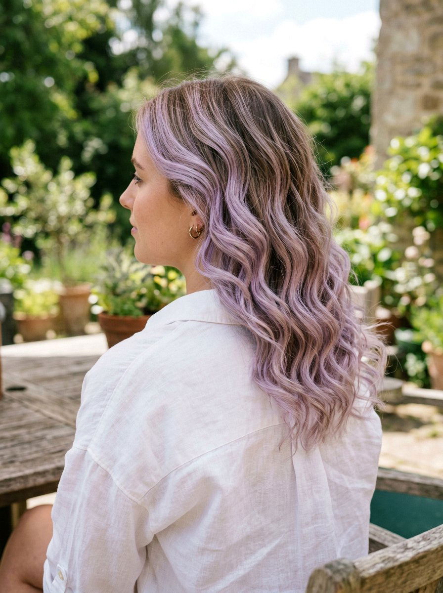 Pastel Lavender Highlights on Wavy Hair - 20 pastel lavender highlights - 20 pastel lavender highlights