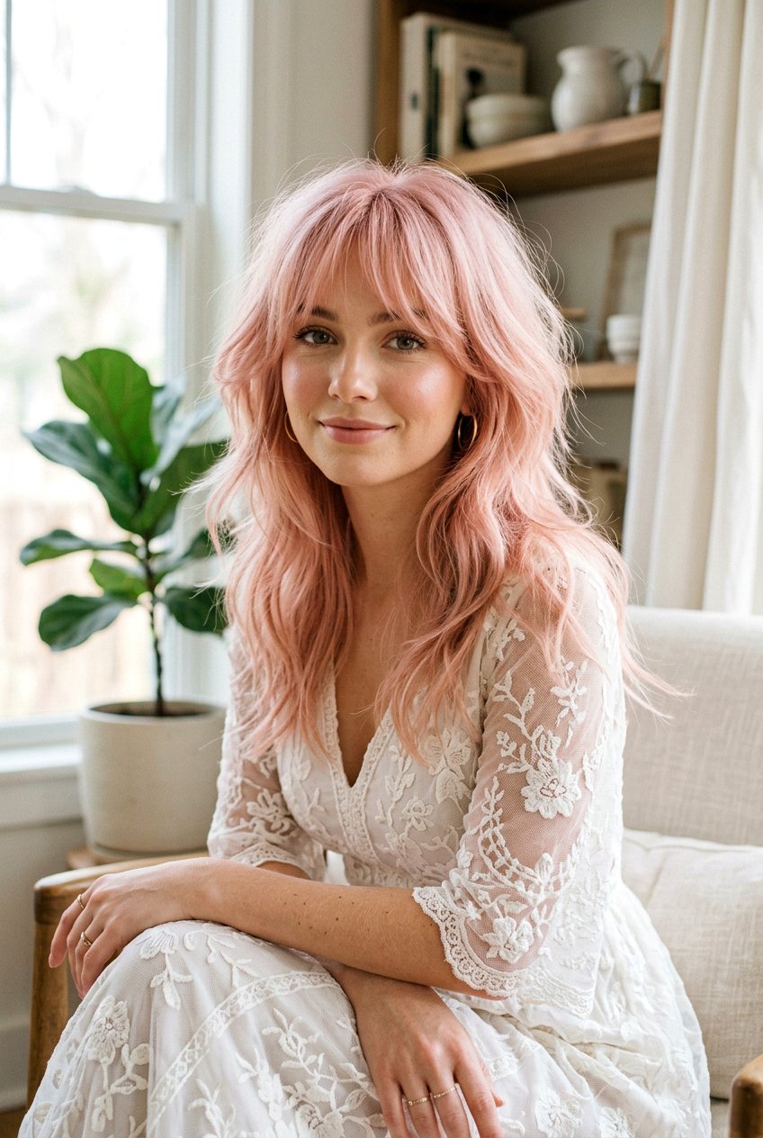 Pastel Pink Airy Wolf Cut With Curtain Bangs - 20 airy wolf cut with curtain bangs - 20 airy wolf cut with curtain bangs