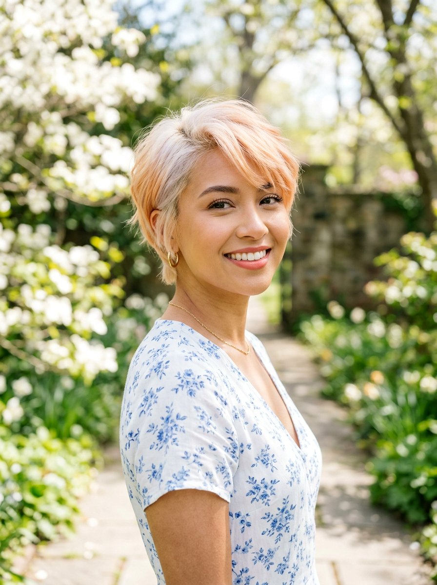 Peach And Blonde Pixie - 20 dimensional pixie hair color ideas - 20 dimensional pixie hair color ideas