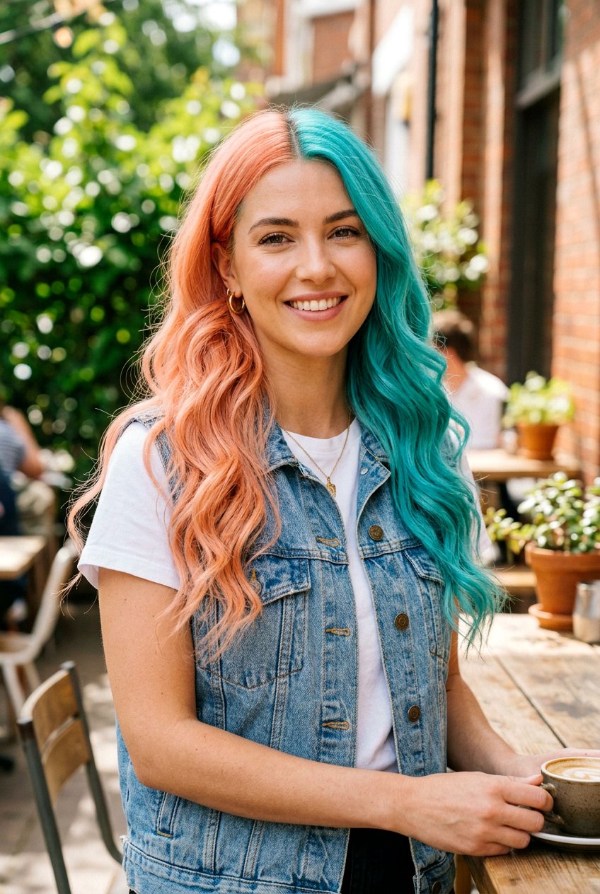 Peach And Turquoise Split Dye - 20 alternative split hair color - 20 alternative split hair color