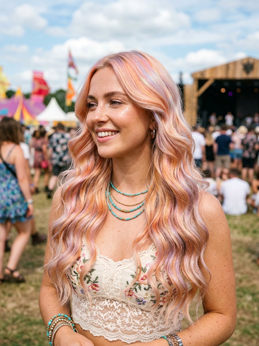 Peachy Opal Balayage With Mermaid Waves And Holographic Finish - 20 opal balayage hair - 20 opal balayage hair