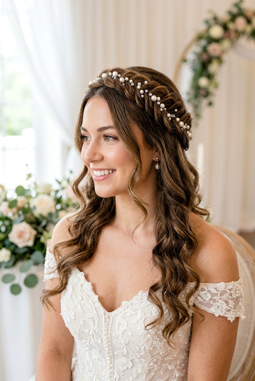 Pearl Accent Bridal Braid Crown With Loose Curls - 20 bridal braid crown with loose curls - 20 bridal braid crown with loose curls