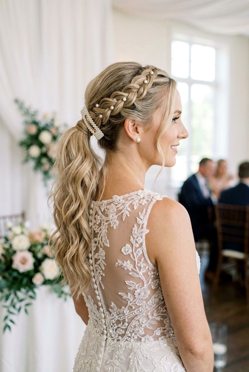 Pearl Accent French Braid Ponytail for Prom - 20 prom ponytail hairstyles - 20 prom ponytail hairstyles