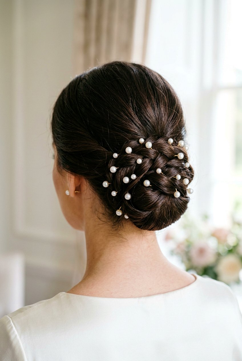 Pearl Accented Bun - 20 bridesmaid hairstyles - 20 bridesmaid hairstyles