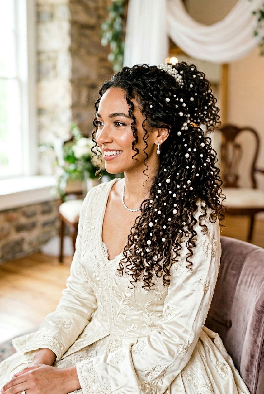 Pearl Adorned Curly Ponytail - 20 modern bridal ponytail with curls - 20 modern bridal ponytail with curls