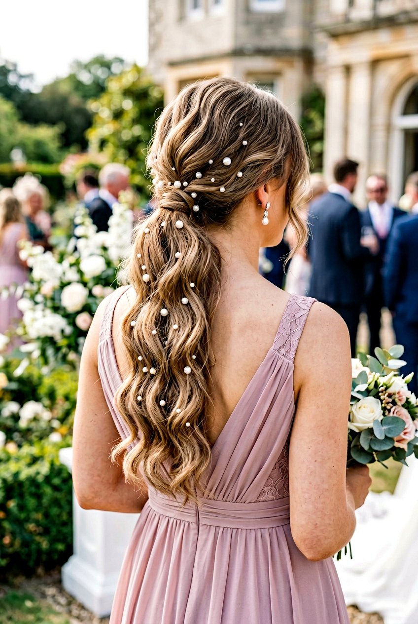 Pearl Adorned Ponytail With Loose Waves - 20 bridesmaid ponytail with waves - 20 bridesmaid ponytail with waves