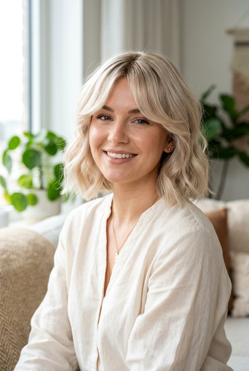 Pearl Blonde Bob With Curtain Bangs - 20 pearl blonde bob - 20 pearl blonde bob