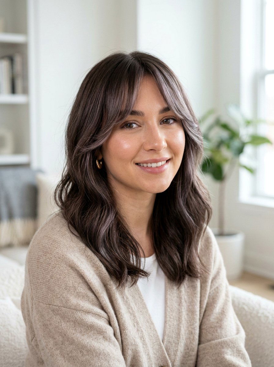 Pearl Brunette Cool Tone Gloss On Curtain Bangs - 20 cool tone gloss for brunette hair - 20 cool tone gloss for brunette hair