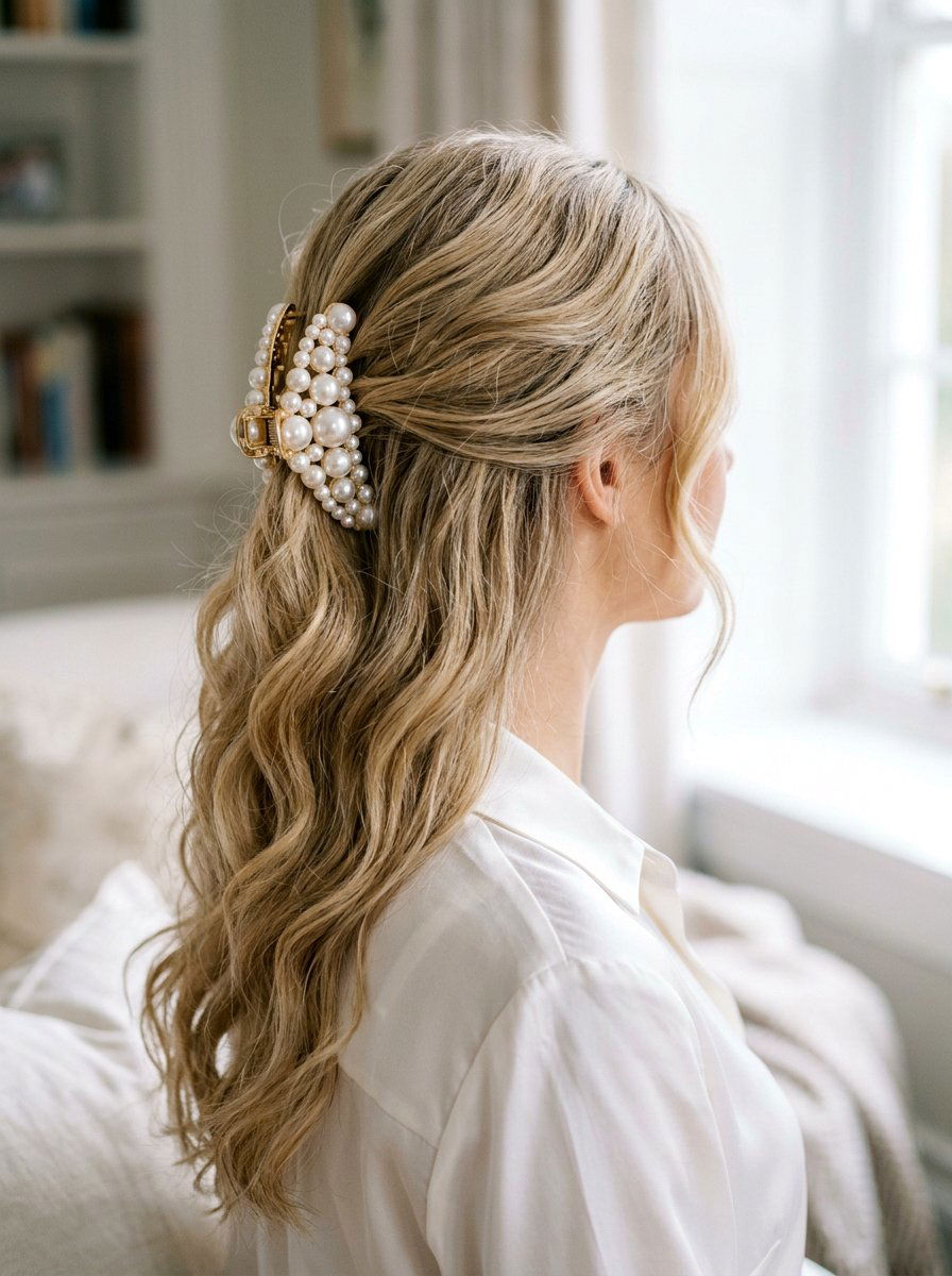 Pearl Claw Clip Half Up - 20 pearl clip half up hairstyle - 20 pearl clip half up hairstyle