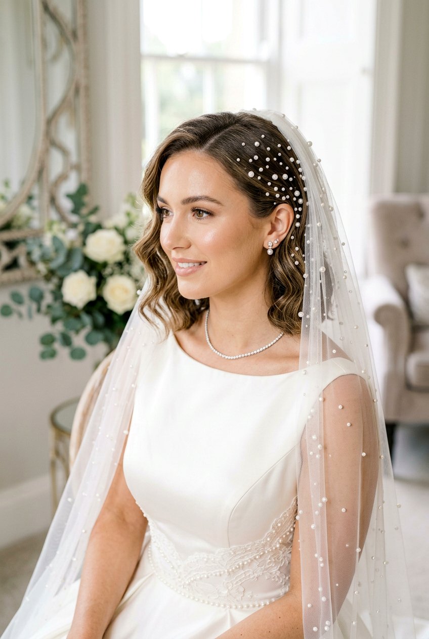 Pearl Embellished Bob - 20 bridal hairstyle for short bob with veil - 20 bridal hairstyle for short bob with veil