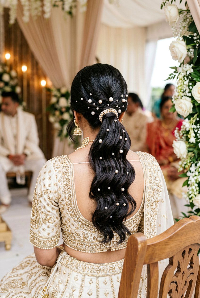 Pearl Embellished Bridal Ponytail - 20 indian bridal ponytail hairstyle - 20 indian bridal ponytail hairstyle