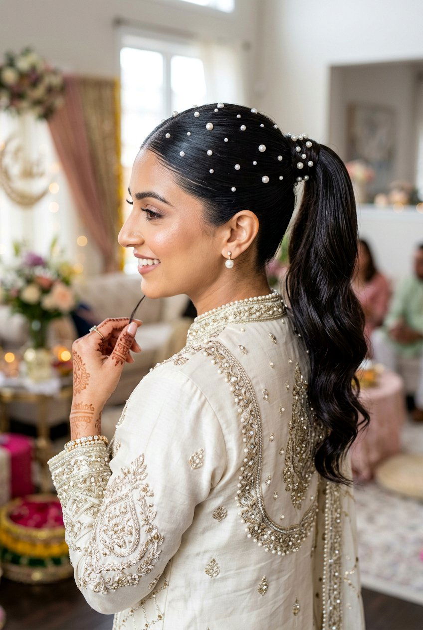 Pearl Embellished Eid Ponytail Hairstyle - 20 eid ponytail hairstyle - 20 eid ponytail hairstyle