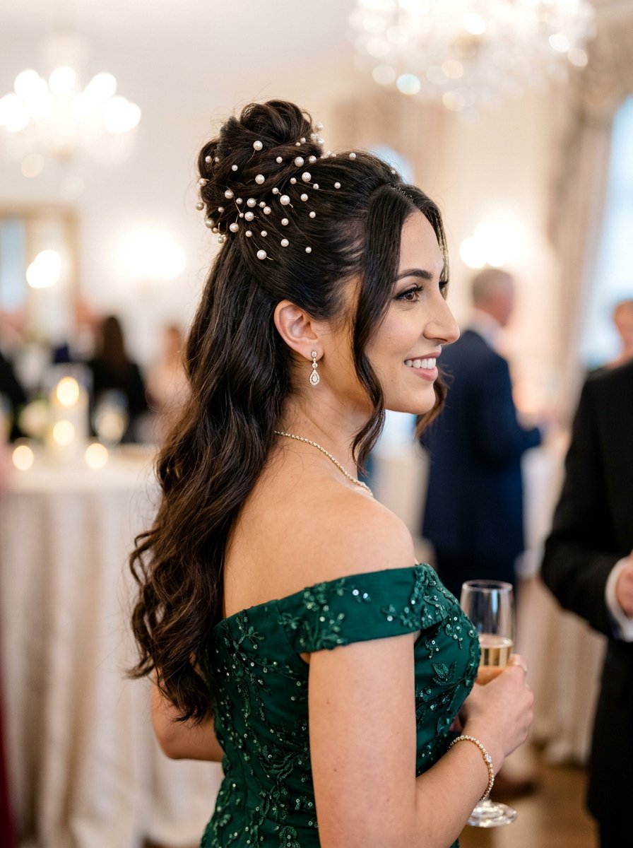 Pearl Embellished Half Up Bun - 20 pearl clip half up hairstyle - 20 pearl clip half up hairstyle