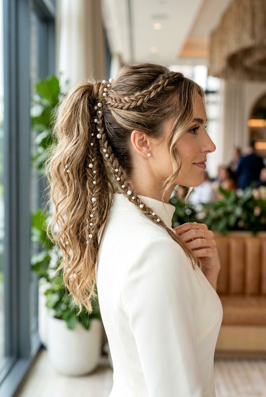 Pearl Embellished Ponytail Braid Combo - 20 pearl ponytail hairstyle - 20 pearl ponytail hairstyle