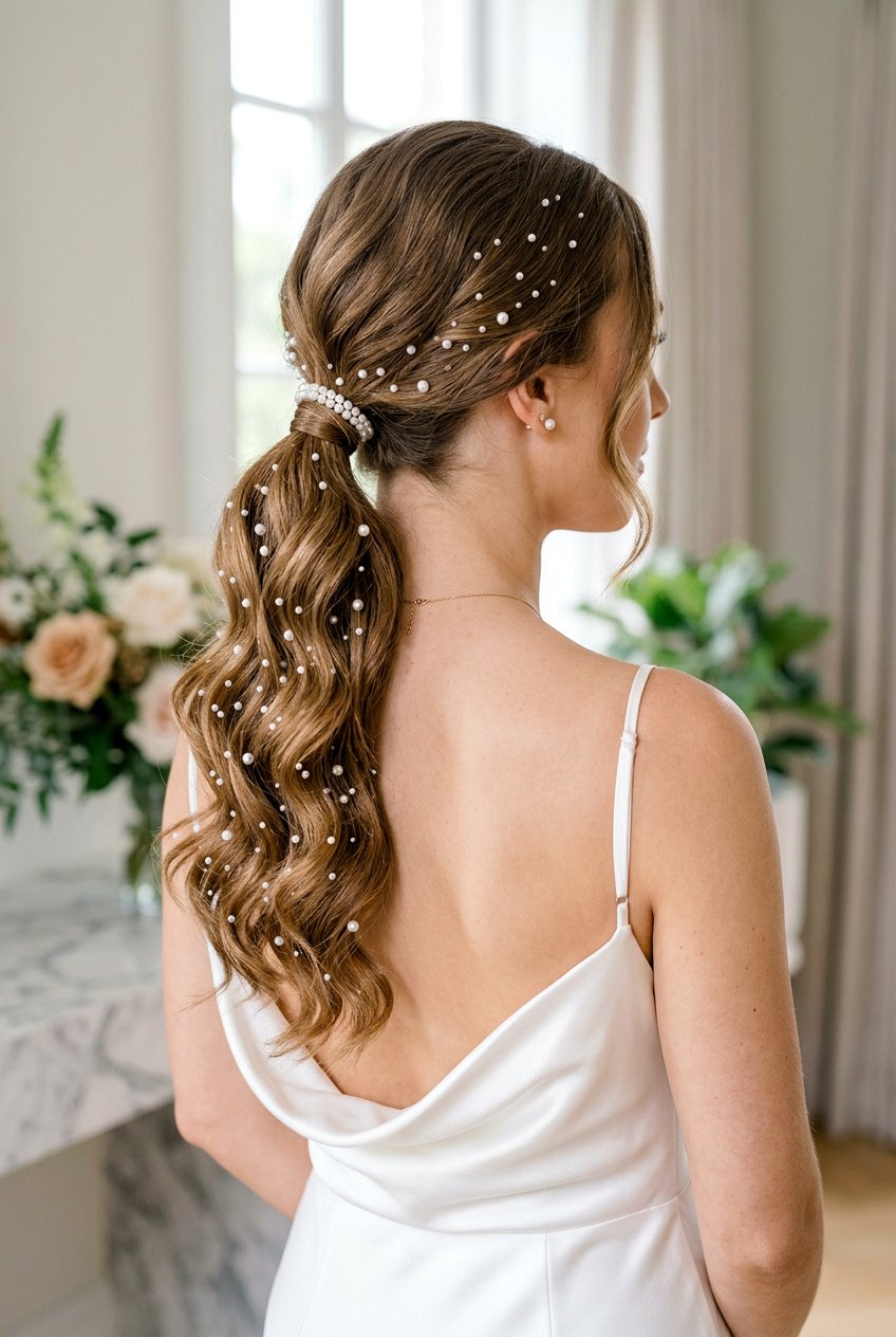 Pearl Embellished Ponytail With Soft Waves - 20 cocktail ponytail with soft waves - 20 cocktail ponytail with soft waves