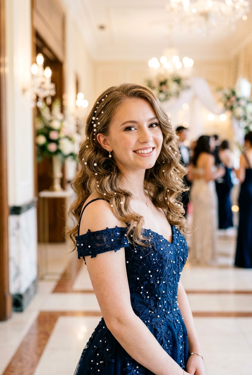 Pearl Embellished Waves - 20 prom hairstyle for shoulder length fine hair - 20 prom hairstyle for shoulder length fine hair