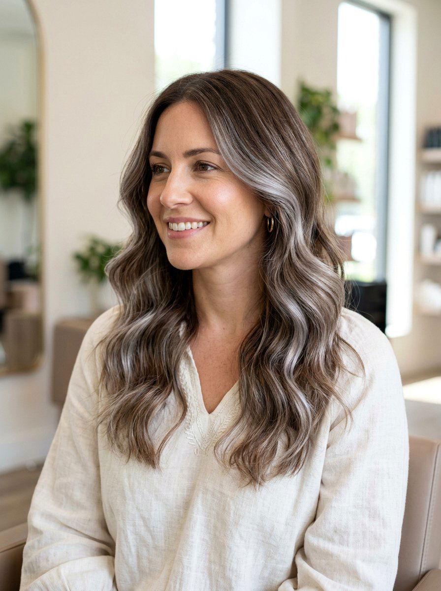 Pearl Gray Balayage on Brown Hair - 20 pearl gray blending highlights - 20 pearl gray blending highlights