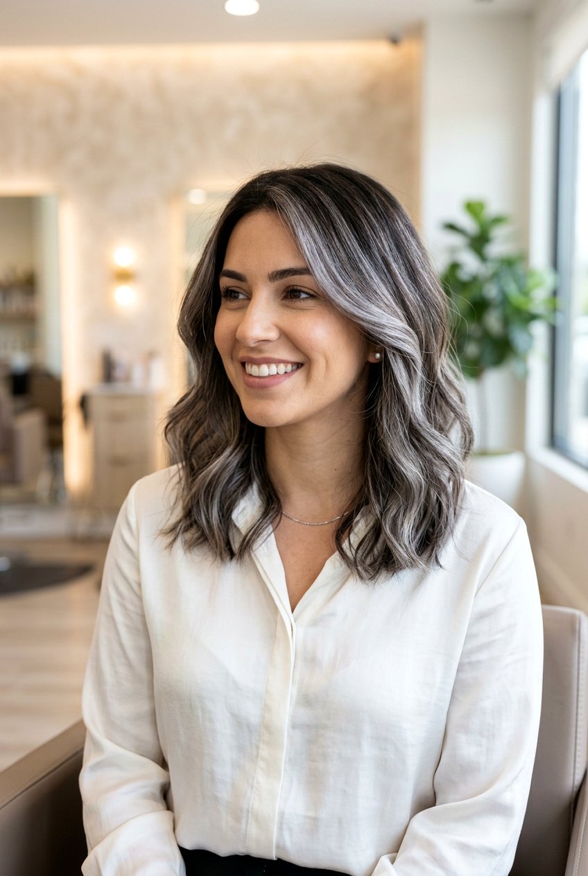 Pearl Gray Highlights on Brunette Hair - 20 natural gray transition hair color - 20 natural gray transition hair color