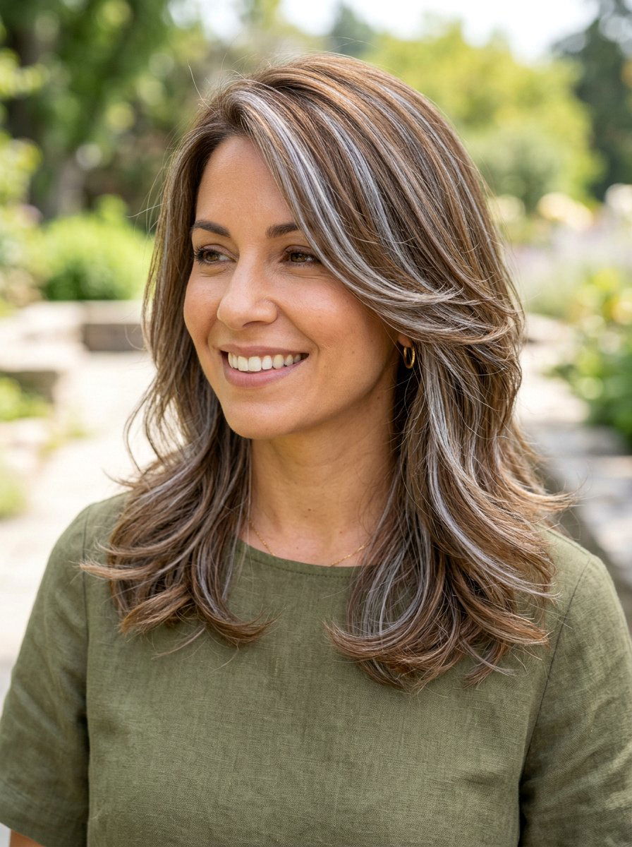 Pearl Gray Highlights on Warm Brown Hair - 20 pearl gray blending highlights - 20 pearl gray blending highlights