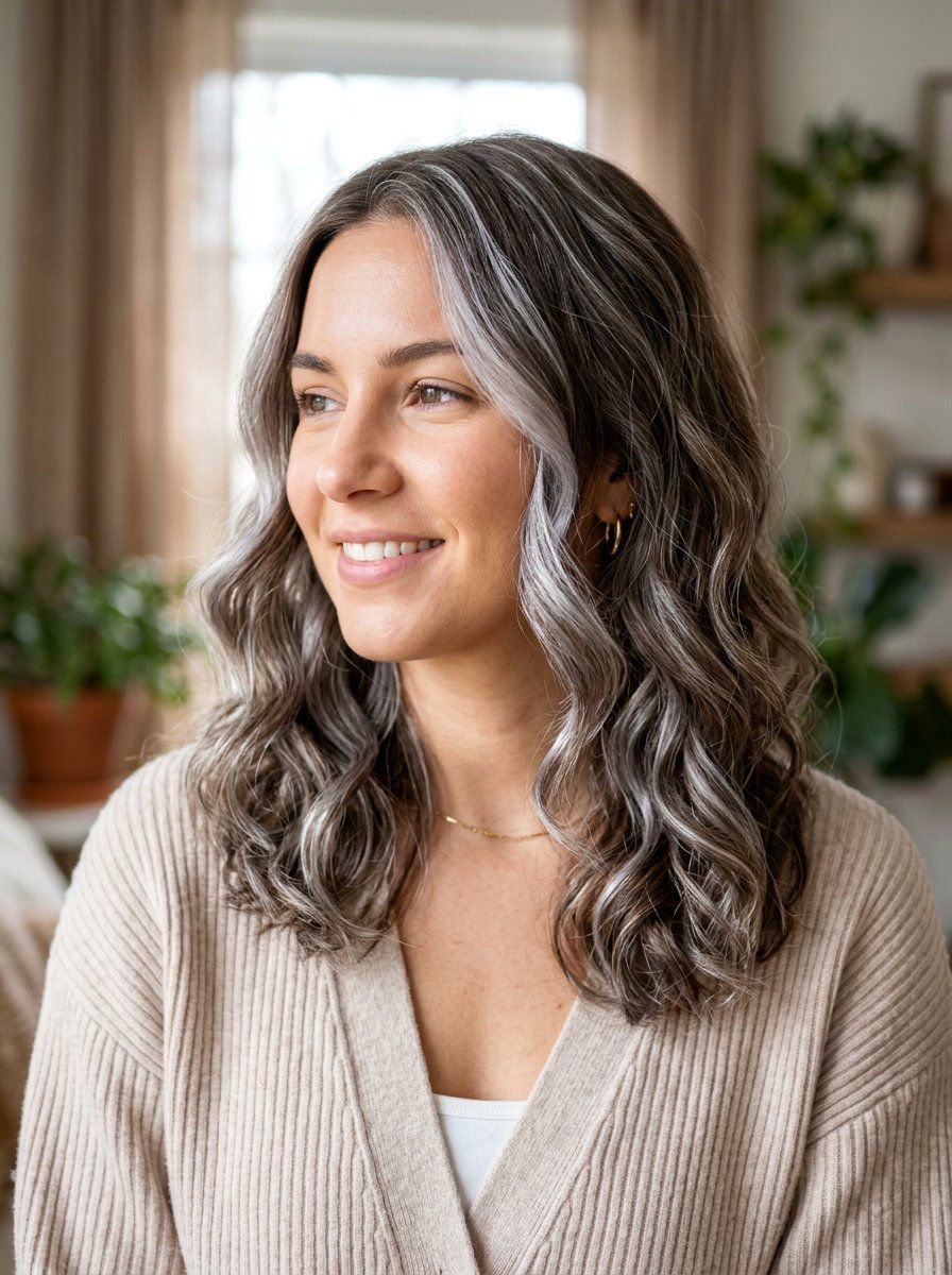 Pearl Gray Highlights on Wavy Hair - 20 pearl gray blending highlights - 20 pearl gray blending highlights