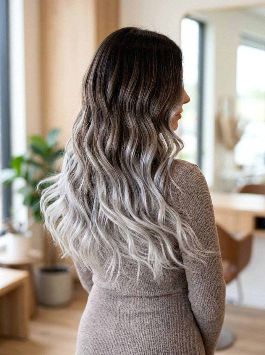 Pearl Gray Ombre on Brunette Hair - 20 pearl gray blending highlights - 20 pearl gray blending highlights