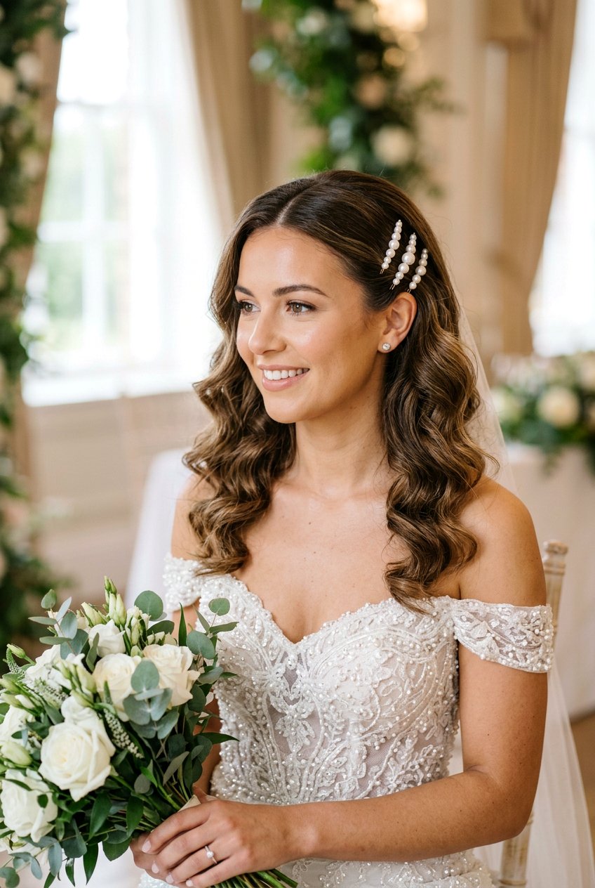 Pearl Pin Bridal Soft Curls With Middle Part - 20 bridal soft curls with middle part - 20 bridal soft curls with middle part