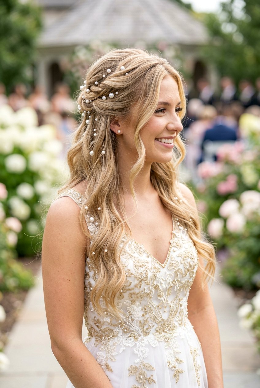 Pearled Half Up - 20 bridesmaid hairstyles for shoulder length hair - 20 bridesmaid hairstyles for shoulder length hair