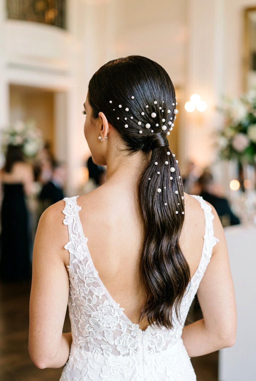 Pearled Low Ponytail - 20 chic ponytail for mother of the bride - 20 chic ponytail for mother of the bride