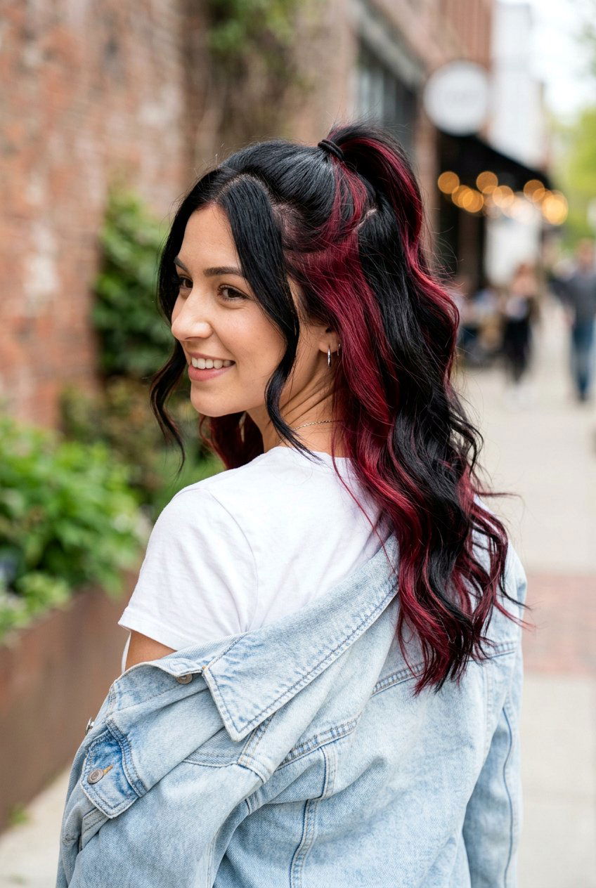 Peekaboo Cranberry Highlights Black Hair - 20 cranberry highlights on black hair - 20 cranberry highlights on black hair