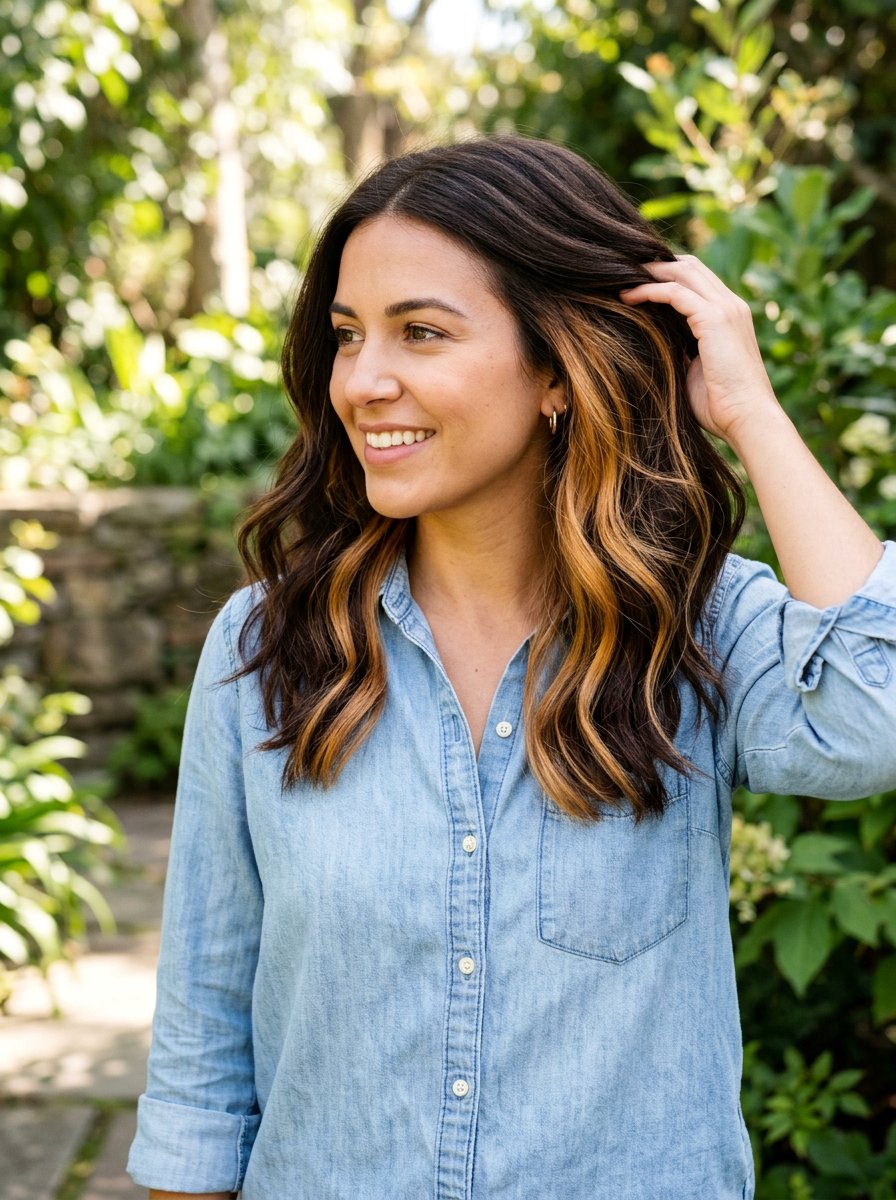 Peekaboo Honey Highlights On Brunette Hair - 20 summer honey highlights for brunettes - 20 summer honey highlights for brunettes