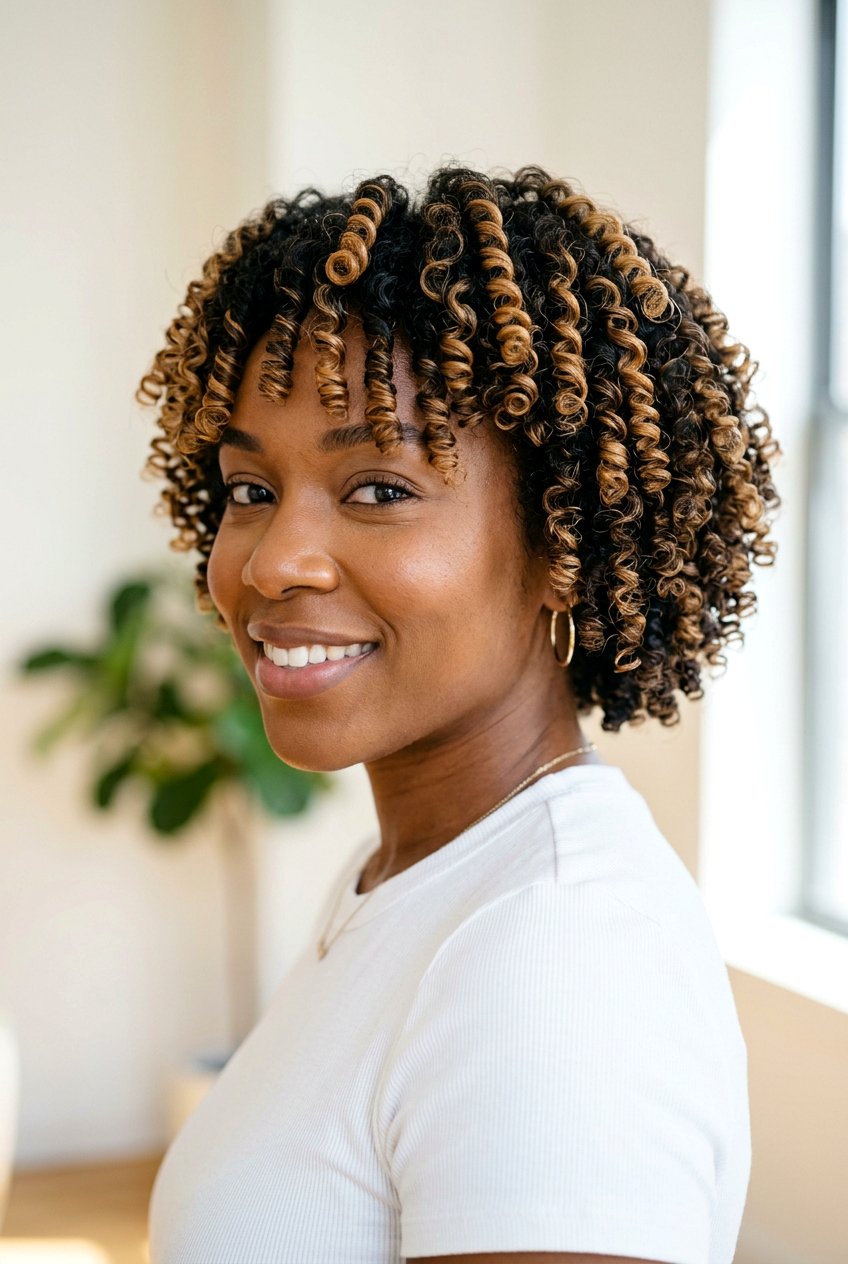 Perm Rod Set on Short Natural Hair With Highlights - 20 perm rod curls on short natural hair - 20 perm rod curls on short natural hair